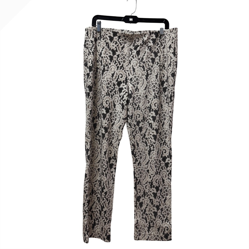 Chico's Black Cream Lace Print Ankle Pants Size 1.5 Large Pull On Slim Trouser